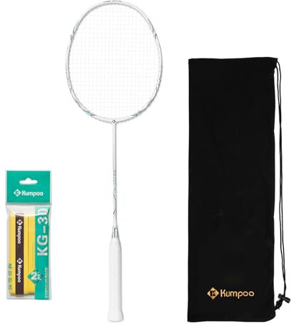 KUMPOO Badmintonschläger Professionell, Carbon Fiber Pro Badmintonschläger Set mit Griff & Tasche, Leichter Badmintonschläger Schläger mit hoher Saitenspannung für Sport Training Outdoor, K520PRO Weiß