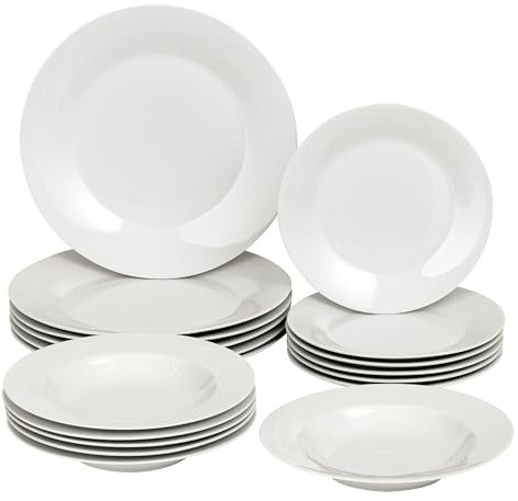 Baroni Home Vajilla de 18 Piezas de Porcelana, Juego de Platos para 6 Personas, Platos Hondos, Platos Llanos, de Frutas o Dulces, Estilo Blanco