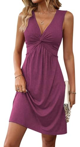 Tomwell Robe Moulante Femme Sexy à Col en V De Couleur Unie Robe sans Manches Mini Jupe Plissée à la Poitrine L'été Décontracté Bodycon Robe A Rose Rouge M
