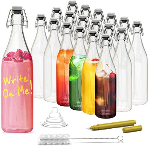 Nevlers 33 Oz Round Flip Top Glass Bottle 18 Pack | Swing Top Bottles with Stoppers, Shrink Wrap, Funnel, Brush, Tags & Marker| Airtight Resealable Brewing Bottles | 1 Liter Glass Bottle with Stopper