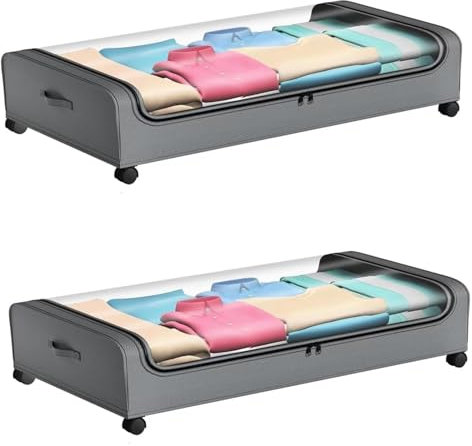 lomonmen 2 Piezas Caja Almacenaje Bajo Cama,Caja Bajo Cama con Ruedas,Estructura Metalica,Zapatero Bajo Cama con Rotación de 360° y Tapa y Ventana de Visua