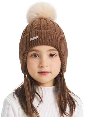 ZLYC Gorro de Punto para niños y niñas, Gorro de Invierno de algodón con Pompones, Marrón sólido, Talla única