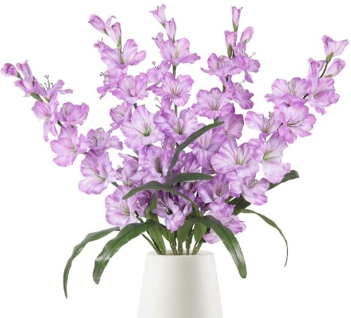 IPOPU Purple Artificial Gladiolus Flowers 5PCS Lavender Flowers Artificial Gladiolus 33 Long Stem Artificial Flowers for Tall Vase Wedding Home Party Table Floral Arrangement (Light Purple)