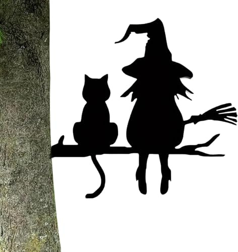 Bruja Y Gato, Bruja Y Gato De Halloween | Decoración De Halloween Gato Negro, Jardín De Miedo, Decoración De Halloween Al Aire Libre, Cartel De Jardín Para Tarro