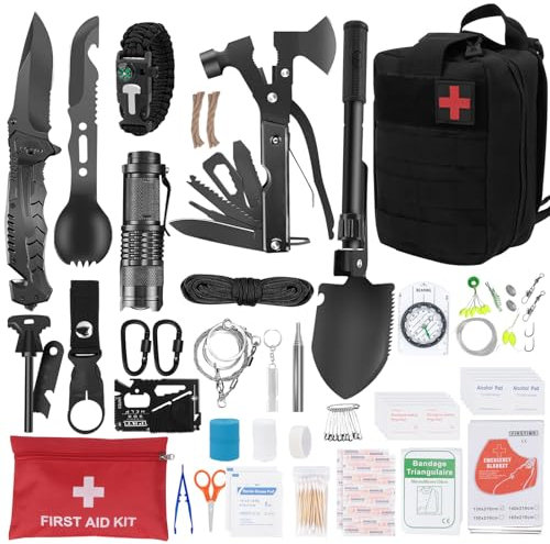Kit di sopravvivenza di emergenza per esterni, 72 pezzi, kit di pronto soccorso, kit di sopravvivenza con bussola di salvataggio per uomini per campeggio avventura passeggiate