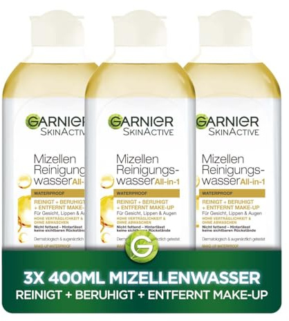 Garnier Mizellen Reinigungswasser All-in-1 Waterproof Set: Schonende Gesichtsreinigung für wasserfestes Make-up – Schnelle & effektive Make-up-Entfernung für Gesicht, Lippen & Augen, 3er Set
