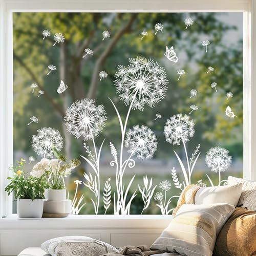 Tanlaby White Dandelion Window Clings Flowers Butterflies Static Window Stickers Anti-Collision Spring Summer Decals for Glass Windows Doors Decoration
