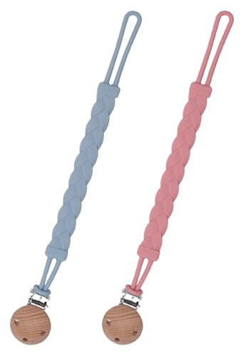 Funalix 2er-Pack Schnullerkette Silikon - Flexible Schnullerkette mit Sicherheitsclip & Beißring | mit Anti-Verlust-Clip | BPA-freies Schnullerband für Babys(Blau & Rosa)