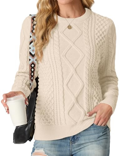 GRECERELLE Ladies Jumpers Crew Neck Cable Knitted Sweater for Women UK Long Sleeve Pullover Tops (Cream,M)