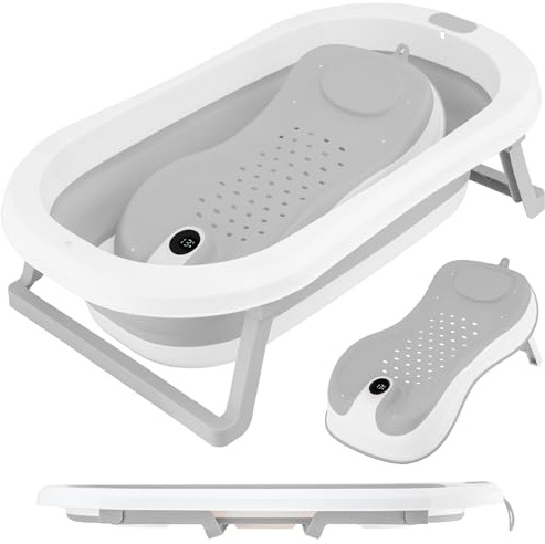 ALMAR Baby Bañera Plegable Bebé hasta 24 meses Gris con Termómetro en Asiento Reductor para Recien Nacido con Patas Antideslizante Indicador de Temperatura Compacta