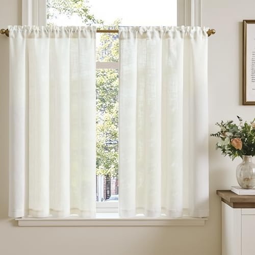 TOPICK - Bistrògardiner för vardagsrum, set med 2 stycken, H115xB90 cm, fönstergardiner med lineffekt, för kök, små fönster, genomskinliga, köksgardiner, moderna, i rustik stil, med