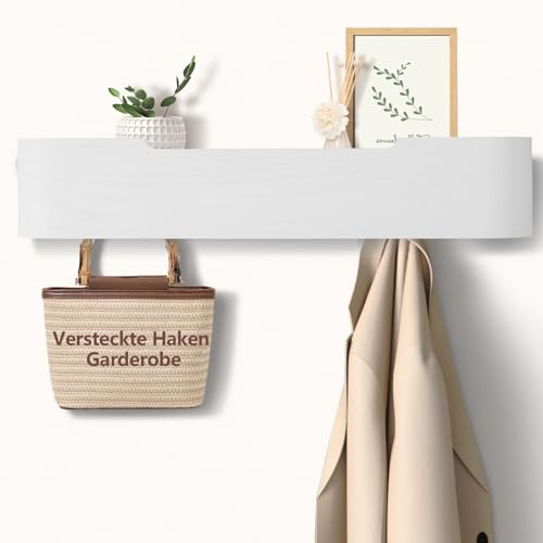 Jadoxy Garderobenleiste | Wandgarderobe mit versteckten Haken | Moderne Garderobe mit versteckten Kleiderhaken und Ablage (Weiß, 5 Hakens)