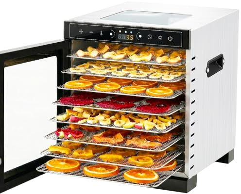 Mattorkare större än 8 brickor med stora 4,8 kvadratmeter torkutrymme rostfria stålbrickor 400 W snabbare torkning 150 ° C torkare för Jerky hundgodis, örter, kött, frukt, yoghurt