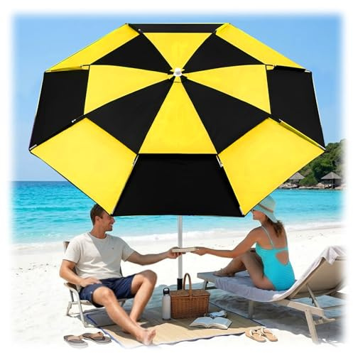 Sombrilla Playa Grande Parasol con Bolsa de Transporte, 2/2.2/2.40m Parasol de Playa Reclinable Protección UV Paraguas de Jardín Portátil Antiviento Sombrilla para Piscina Mercado(Amarillo,2.0m)