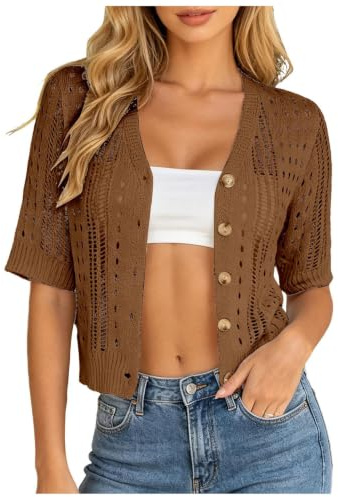 Cardigan Court Femme Col V Manches Courtes Tricot Ajouré Boutonné Léger Respirant Cropped Gilet Veste d'Été Plage Vacances Sorties Quotidiennes