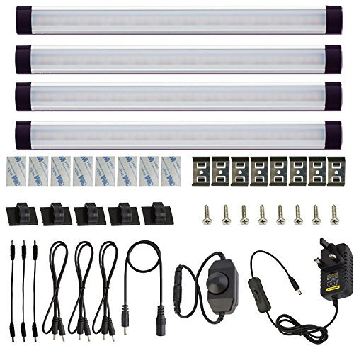 AlBOO Under Cabinet Kitchen Light - Wired LED Dimmable Warm White, 28cm Cupboard Light 12V Plug-in With Mains, Ultra Thin Fixture for Counter Display - 4 Pack