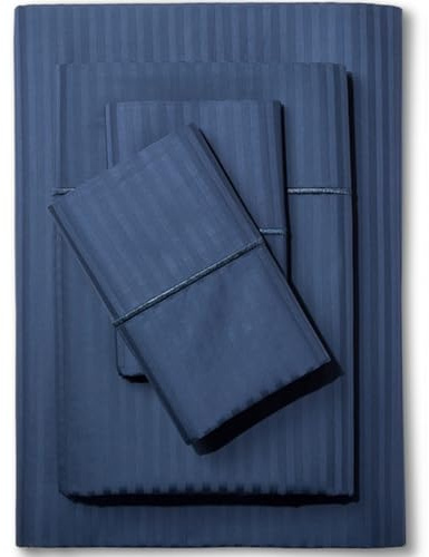 Feather & Stitch 500 TC King Size Damask Bed Sheet Set, 100% Cotton Soft Breathable Bedsheets, 4 Piece 18 Deep Pockets Sateen Weave Striped Bedding Mattress Resort Hotel - (Dark Blue Stripe)