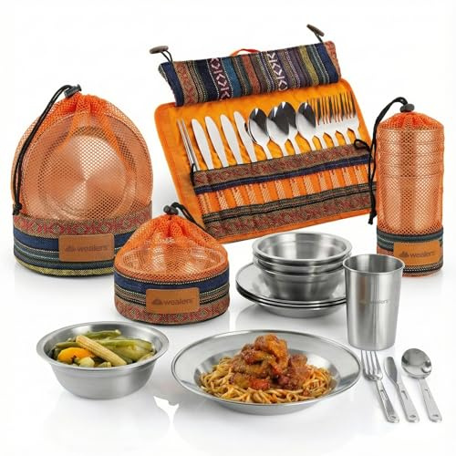Wealers Unique Complete Messware Kit Polished Stainless Steel Dishes Set| Tableware| Dinnerware| Camping| Buffet| Includes - Cups | Plates| Bowls| Cutlery| Comes in Mesh Bags (4 Person Set) (Orange)