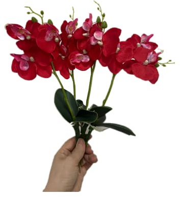 4 buketter tropisk konstgjord blomma 28 cm (11 tum) mini fjäril orkidé med 3 silkesblomhuvuden och Phalaenopsis orkidéer löv falskt blad för bröllop heminredning blommor trädgård bonsai (röd)