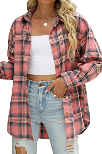 CHYRII Womens Button Down Flannel Shirts Long Sleeve Plaid Shacket Business Casual Blouse Topss Pink -7122 XL