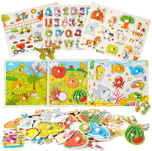 6-teiliges Kinder Holzpuzzles Greifpuzzle Holzpuzzle Steckpuzzle Holzspielzeug Steckbretter mit Knopf für Kleinkinder Fahrzeuge,Bauernhof,Meerestiere,Dinos,Lernspielzeug für 2-jährige Mädchen Jungen