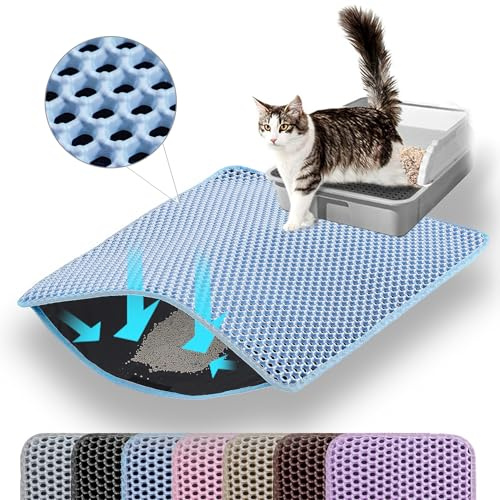Petinstinct Tapis pour Litière de Chat, 60x45 cm Grand Tapis à Double Couche en Nid d’Abeille pour Piéger la Litière, Tapis de Bac à Litière Antidérapant Imperméable et Anti-Urine pour Sol, Bleu