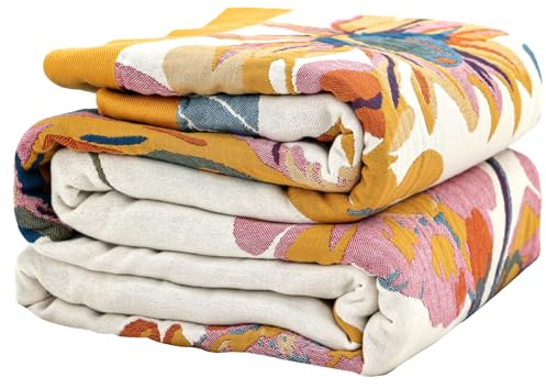 Wotcsil Manta Sofa de Algodón para Cama Colcha Sofa Floral Boho Plaid Manta Foulard Multiusos Jarapas para Sofas Cubrecama Verano Inverno (Naranja Azul, 150x200cm)