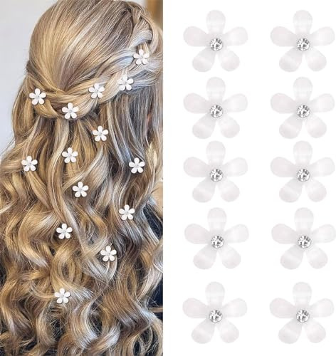 Mezrkuwr 10 piezas de mini horquillas con flores blancas y strass, encantadoras horquillas, horquillas con flores, horquillas decorativas, horquillas para boda, accesorios para el cabello con flores