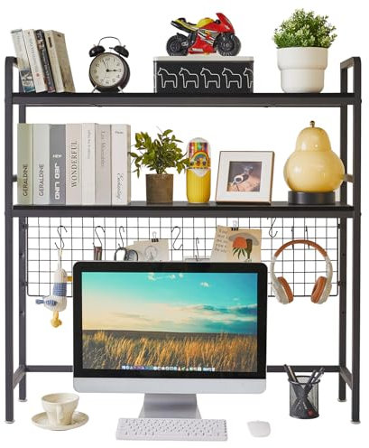 IBUYKE Computer Desktop Bookcase 2-Tier 37.5 Inch Multipurpose Wood Desk Hutch Bookshelf for Computer with Adjustable Shelf Display Rack Desk Organizer for Office Home Dormitory,Black TMZ003B