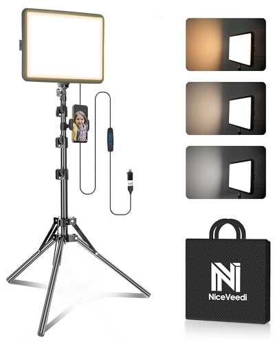 NiceVeedi 1-Pack Photography Lighting Kit, 2800-6500K Bi-Color LED Video Light Kit, Dimmable Studio Light with Tripod Stand & Phone Holder, Light for Video Recording, Game Streaming, YouTube