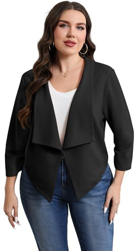Hobrounn Blazer court grandes tailles femme manches 3/4 surdimensionné blazer d'affaires avec fronces bureau et loisirs XL-5XL, Noir , XXL