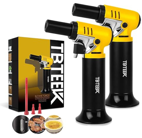 TBTeek Butane Torch with Fuel Gauge T907, One-hand Operation Kitchen Torch Lighter with Adjustable Flame for BBQ, Baking, Brulee Creme, Crafts and Soldering, 2 Pack(Butane Not Included)