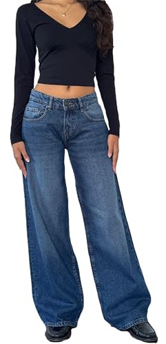 Vaqueros Rectos para Mujer, Vaqueros Anchos y elásticos, de Tiro bajo, Estilo Boyfriend, Largos y Modernos, Color Azul, Talla pequeña