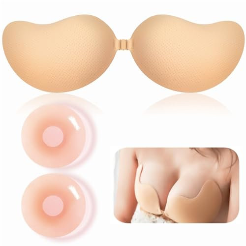 ANGELEMM Sticky Bra Push Up - Invisible Stick on Bra, Women's Adhesive Bras Push Up Bra Cups, Silicone Strapless Backless Bras for Women Party Dress (UK, Cup & Band, B, Beige)
