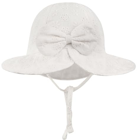 INSPUTOL Chapeau de Soleil pour bébé Fille, bob en Coton avec Fleurs brodées et nœud, Casquette d'été à Large Bord pour Nourrissons et Tout-Petits de 1 à 2 Ans (Blanc).