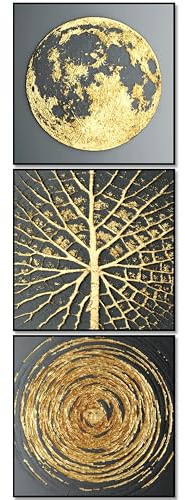 BERLIG Glasbilder Set 3er 30x30 cm Sicherheitsglas – Moderne Wandbilder für Wohnzimmer & Essbereich – Abstrakte Kunst in Schwarz Gold mit Mond & Struktur – inkl. Geschenkbox