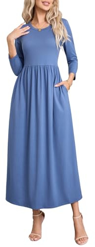 Enmain Long Sleeve Maxi Dress Navy Blue Casual 3/4 Sleeve Womens Dresses with Pockets Winter Elegant Classic Round Neck Tunic Wedding, 3XL