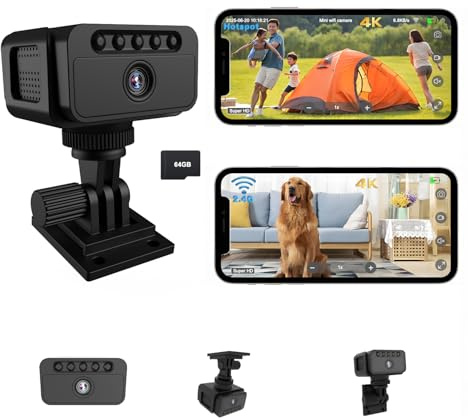 Bextgoo Telecamera Spia, Hotspot WiFi/AP/Offline Disponibile, 4K Mini Telecamera Wifi Interno, Videocamera Sorveglianza Interno con Scheda TF da 64 GB Preinstallata, Notturna (Nero)