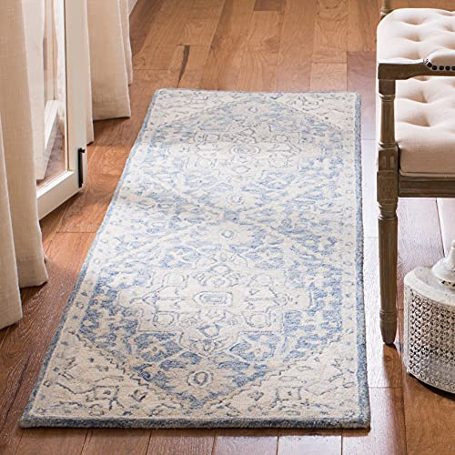 Safavieh Alfombra Tradicionales Sala de Estar, Comedor, Dormitorio - Micro-Loop Collection, Pelo Corto, Azul y Marfil, 62 x 240 cm