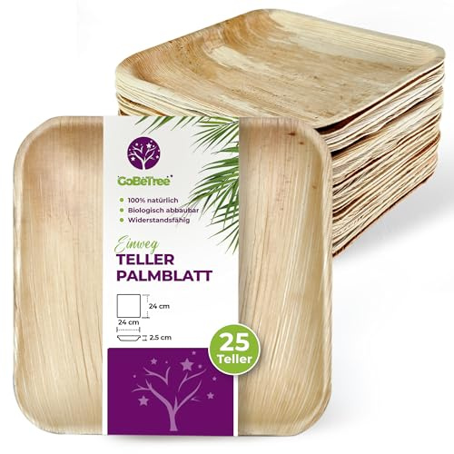GoBeTree 25 Platos Desechables Hoja de Palma Cuadrados 24 cm Plato Llano. Platos Desechables Elegantes para Plato Principal y Catering, Set Cuadrado Llano Bonito con Hoja Resistente