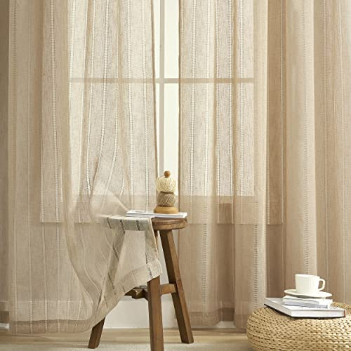 Demetex Striped Sheer Curtains Linen 84 inches Long Semi Sheer Glass Window Sliding Patio Door Living Room Bedroom Curtains, 2 Panels, 54 x 84 inch Length, Linen