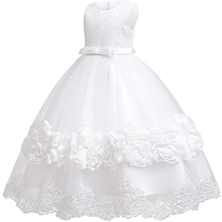 IBTOM CASTLE Robe de demoiselle d'honneur en tulle et dentelle pour filles,Élégante robe de communion, robe de bal de promo, robe de bal de fin d'année, de mariage, sans manches, blanc, 11-12 ans
