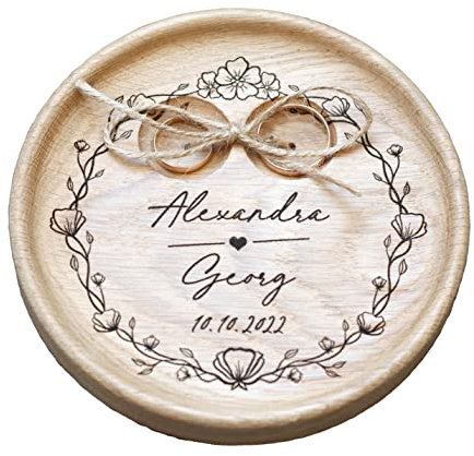 Ringkissen Hochzeit Holz mit gravierten Namen und Datum, Personalisierte hochzeitsgeschenk, Ringschale für die Hochzeit, Ringträger für die Hochzeit, hotzeit geschenk Blumen