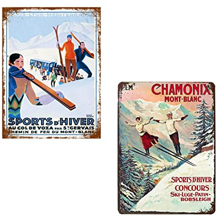 Lot De 2 Hiver Ski 20x30cm Vintage Plaque Affiche éTain MéTal Mur Signe RéTro DéCoration Pour Bar Café Garage Gaz Station Accueil Club 01
