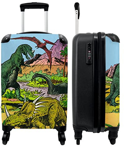 NoBoringSuitcases.com® Koffer Handgepäck - Kinderkoffer Jungen, Reisekoffer Kinder, Leichtgewicht, 4 Rollen, mit Retro Dinosauriermotiv, Zahlenschloss, UV-beständig, 55cm-35cm-20cm
