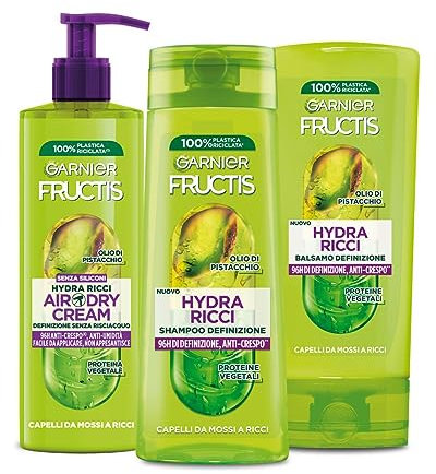 Garnier Fructis Routine Completa Idratante, Con Shampoo, Balsamo e Air Dry Cream, Per Capelli da Mossi a Ricci, Con Proteine Vegetali e Olio di Pistacchio, Hydra Ricci