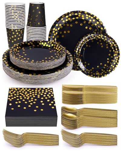224 Pieces Party Supplies, Black and Gold Party Plates Cups and Napkins Sets with Plastic Knives forks spoons, Disposable Tableware Serves 32 Sets for Wedding, Birthday, Graduation, Festivals