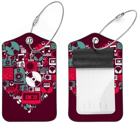 Lot de 2 étiquettes de bagage, icônes de musique Dj Love Heart avec boucle en acier inoxydable et carte d'adresse pour sac de voyage, valise