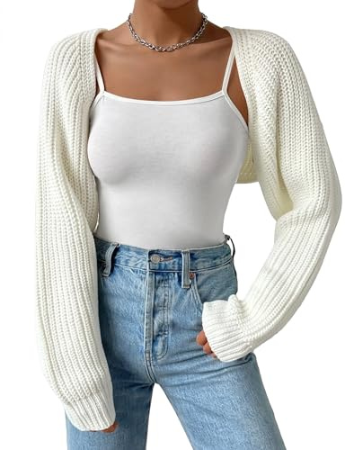 SECRETEYARD Women's Long Sleeve Open Front Knitted Crop Cardigan Drop Shoulder Knit Bolero Shrug Sweater Off-White