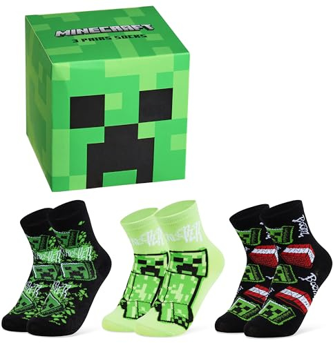Minecraft Chaussette Enfant Garçon Mi-mollet, Paquet Multiple Chaussettes Fantaisie, Gaming Merchandise, Cadeau Gamer (Paquet de 3 - Cube vert, 31/36 EU)